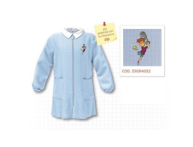 Grembiule Scuola Bambina Siggi - Con Bottoni O Zip, Bianco, Blu O Quadretto Rosa, Lavabile
